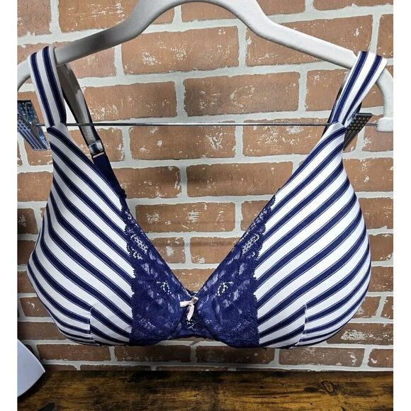 Cacique 44DDD Blue Stripe Bow N Lace Full Coverage Lightly‎ Lined Underwired Bra - Picture 1 of 14